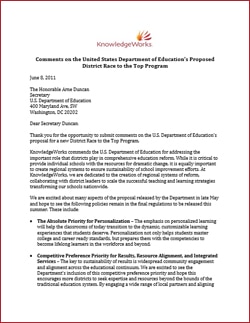 Read KnowledgeWorks comments to the U.S. Department of Education about their proposed District Race to the Top Program.