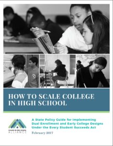 How to Scale College in High School is a guide for state and local policymakers published by Jobs for the Future and the College in High School Alliance (CHSA). KnowledgeWorks is a founding steering committee member of the CHSA.