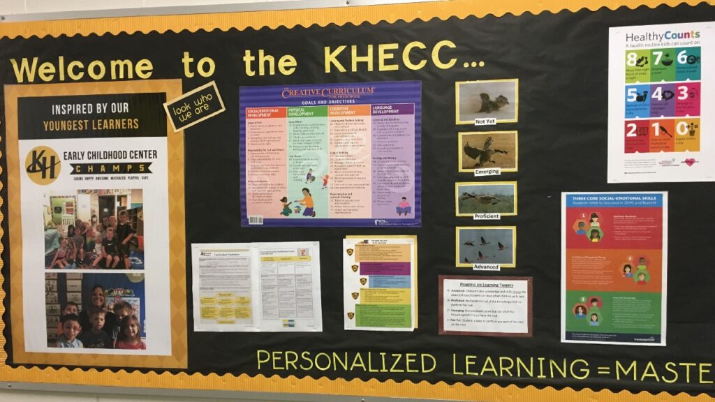 A bulletin board showing various charts and images of what mastery looks like