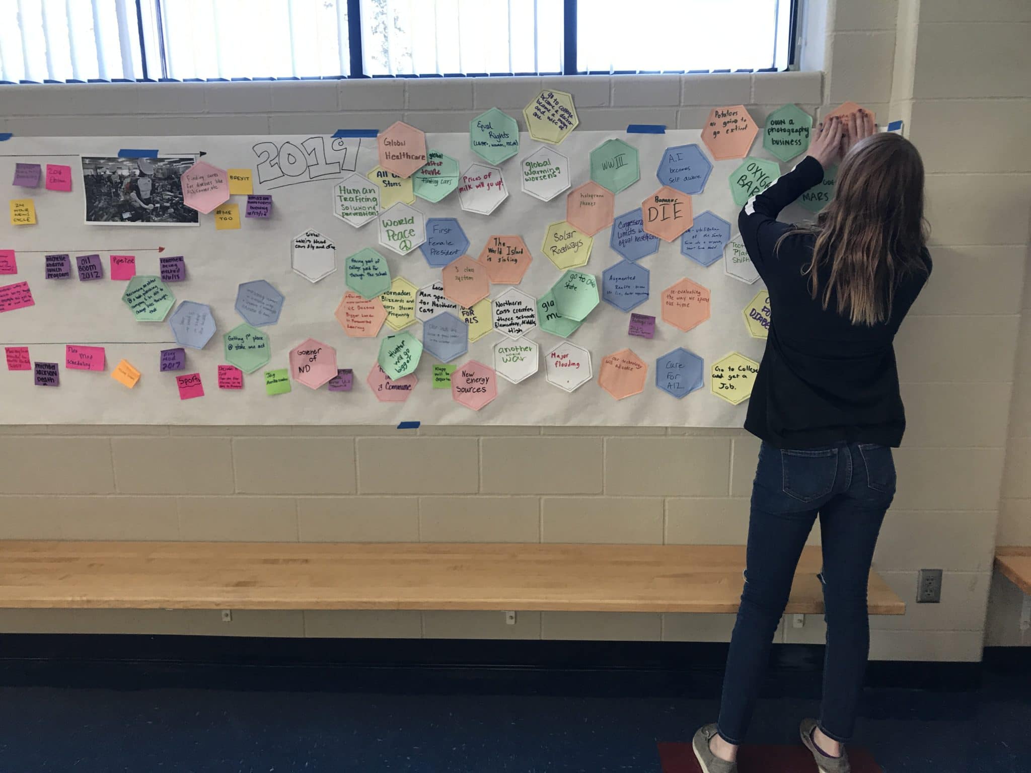 Student placing sticky note on student timeline with sticky notes to create paths to the futures they want
