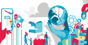 graphics that indicate future: smartphone, navigation signs, books, buildings, globe with clock on it in a hand, mechanical gears