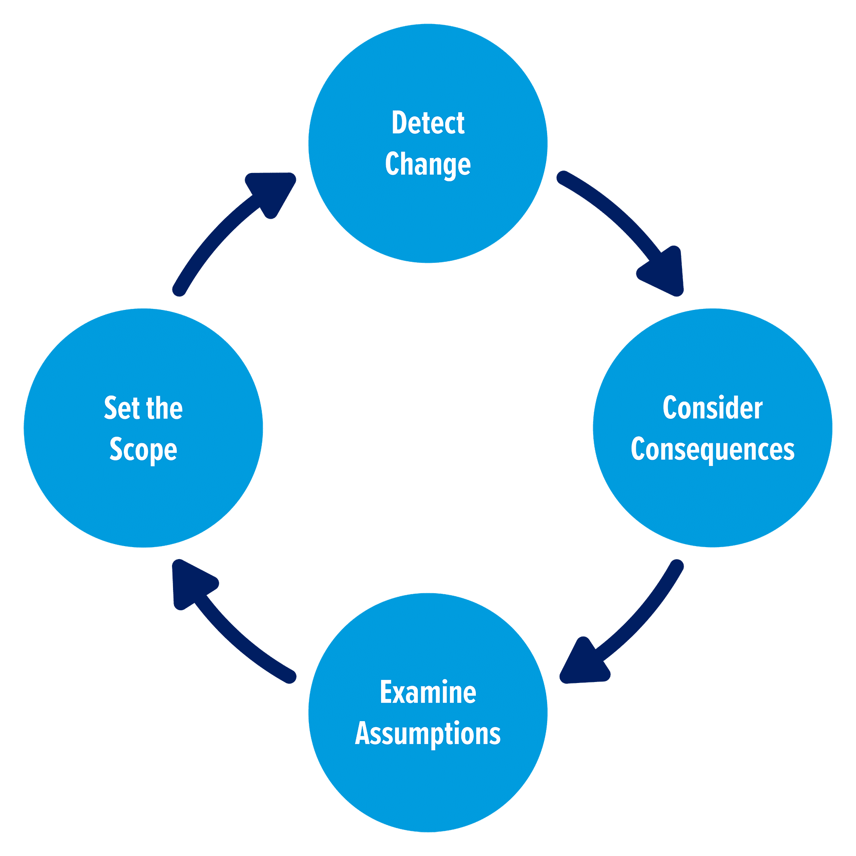 a loop with "detect change" feeding into the next stage "consider consequences" leading to "examine assumptions" leading to "set the scope" leading to "detect change" and enters the loops again