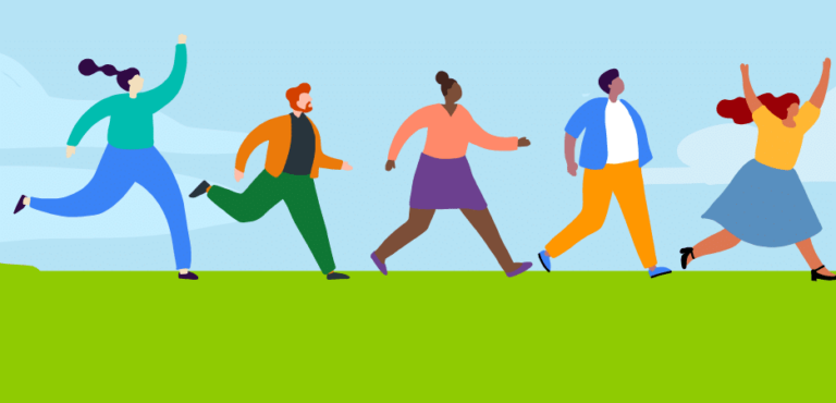 Illustration of diverse group of adults running joyfully outside on the grass