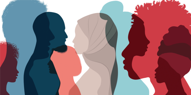 Profile silhouettes of diverse group of people facing each other in shades of red and blue, overlapping