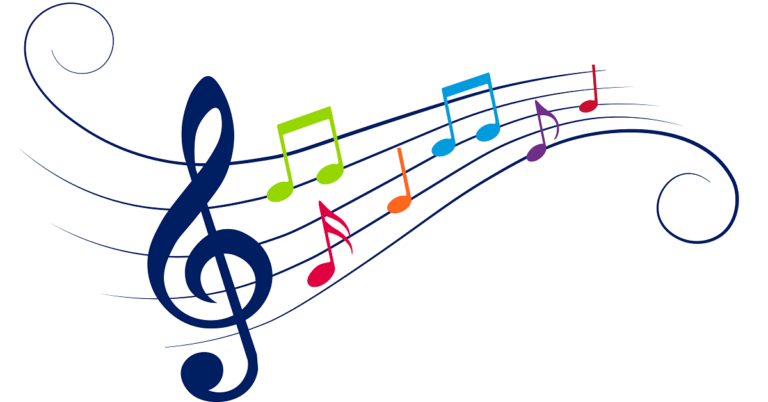 Musical stave with treble clef and musical notations in KnowledgeWorks colors - blue, green, pink, orange, purple, and red
