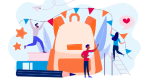 Illustration of celebrating at school, with banners, stars, books and backpacks
