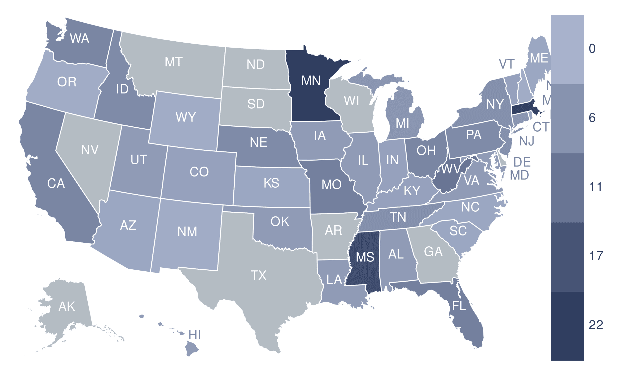 a map indicating number of bills with designated blue shades for each state