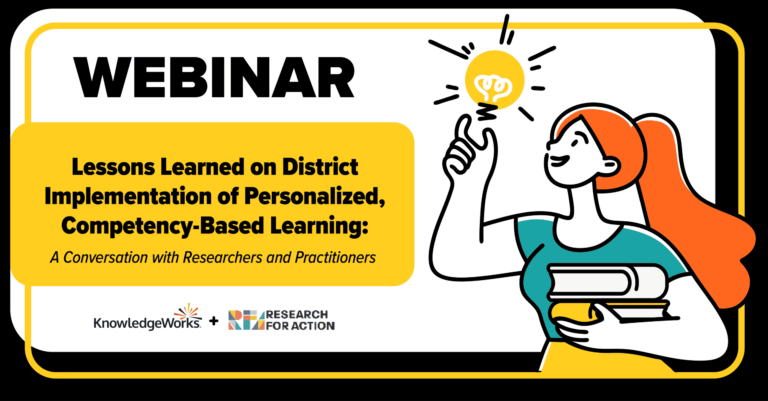 illustration of person holding a light bulb and books with text: "Webinar - Lessons learned on district implementation of personalized, competency-based learning: a conversation with researchers and practitioners"