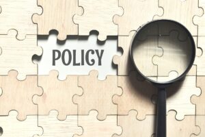 Magnifying glass over puzzle pieces. Two puzzlie pieces are missing with the word "policy" in their place.