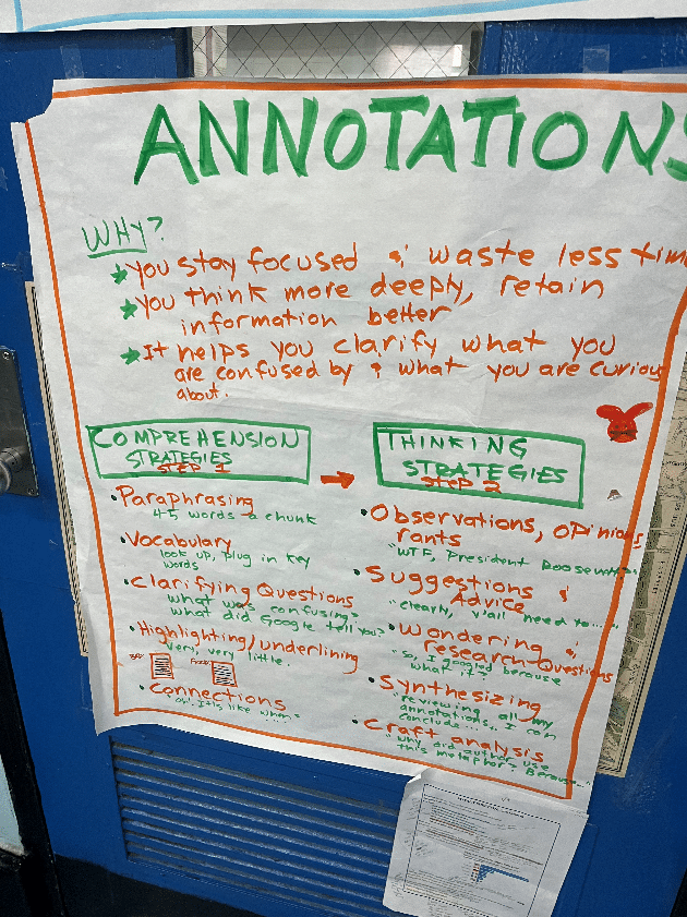 a poster-sized sheet of paper with handwritten words in marker, titled "annotations" with sections labeled "Why?", "comprehension strategies, step 1" and "thinking strategies, step 2"
