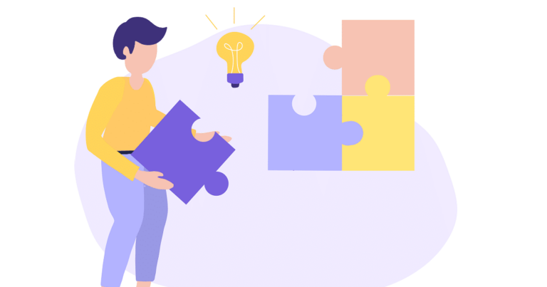 illustration of person putting together puzzle pieces with a light bulb between them and the puzzle pieces