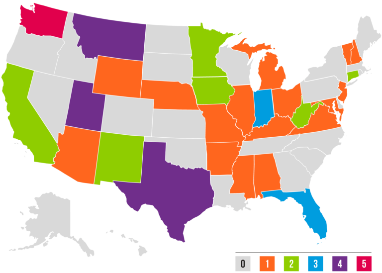 Map of United States showing the number of bills enacted that support personalized, competency-based learning in each state.