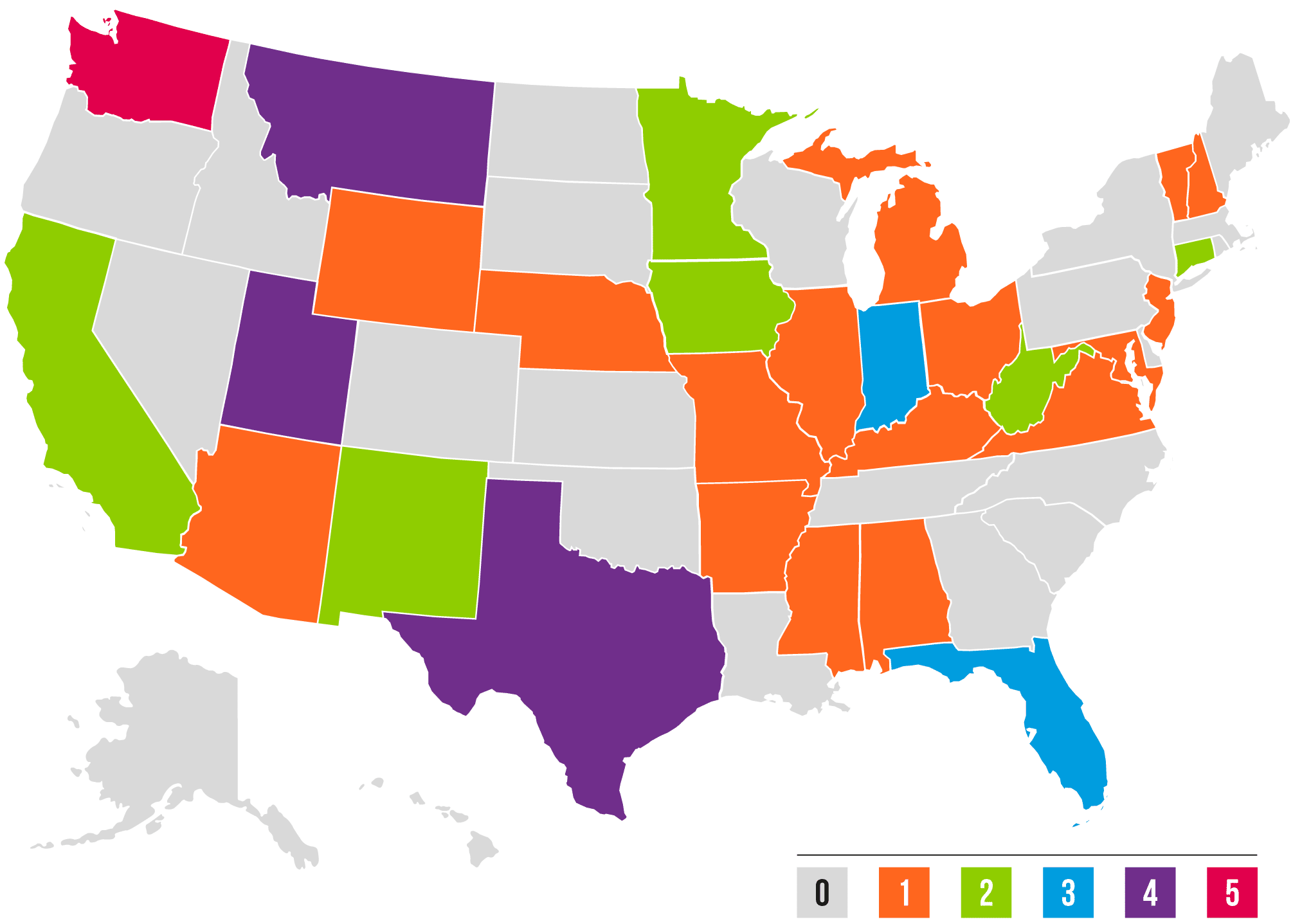 Map of United States showing the number of bills enacted that support personalized, competency-based learning in each state.