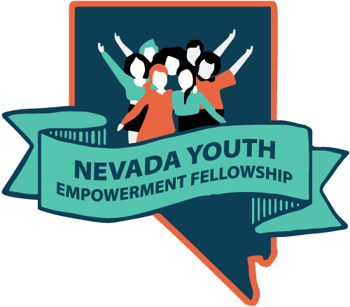 An illustration of young people in green, orange and black against the state outline with a ribbon saying, "Nevada Youth Empowerment Fellowship."