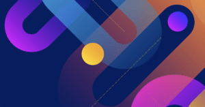 Cyan, purple, orange and yellow circles and lines twisted together over a navy blue background
