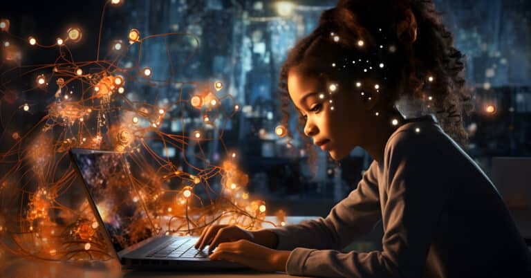an AL-generated image of a little Black girl using a laptop with glowing specks floating out of the computer, illuminating her face