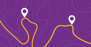 a purple topographic map with one yellow line connecting three points