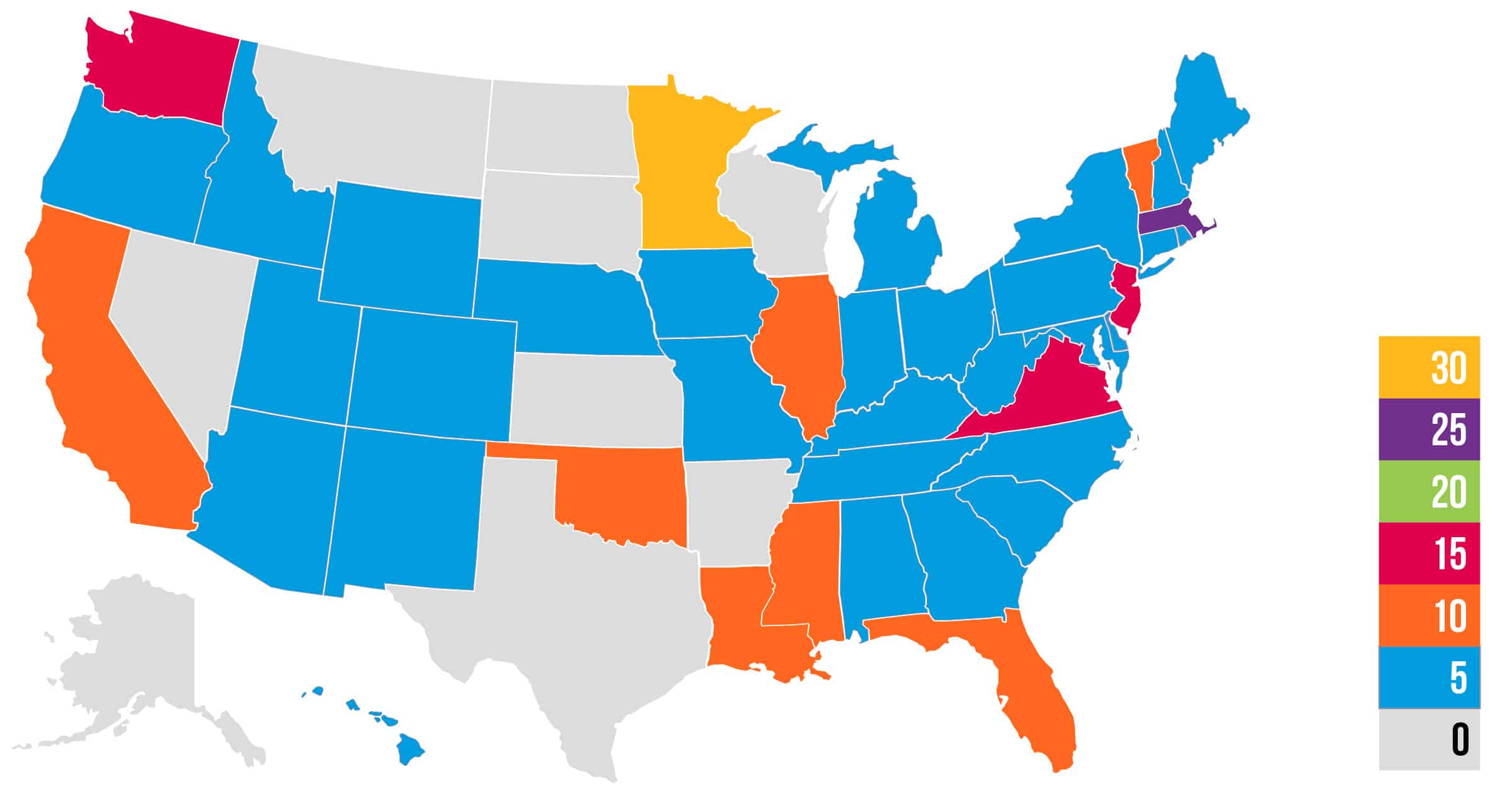 U.S. map color coded with KnowledgeWorks brand colors by number increments