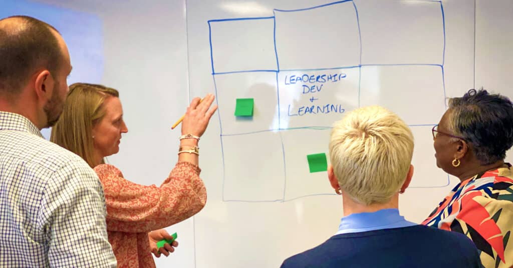 People of various ages, genders and race at a white board with a chart. At the center of the chart is text reading "leadership dev + learning" and sticky notes in other boxes on the chart