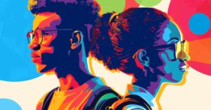 Image of two young people, looking in opposite directions