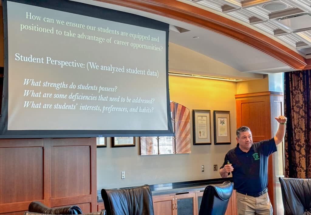 A man animatedly presents to an audience in front of a screen that reads: “How can we ensure our students are equipped to take advantage of career opportunities? Student Perspective: (We analyzed student data) What strengths do students possess? What are some deficiencies that need to be addressed? What are students’ interests, preferences, and habits?”