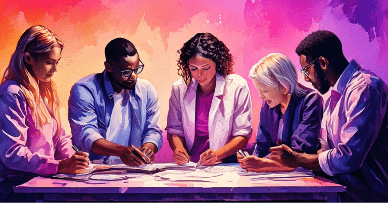 colorful illustration of people gathered around a table examining papers