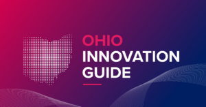 Text reading, "Ohio Innovation Guide" against a purple and pink background with a dotted image of the state of Ohio
