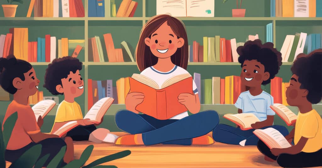 illustration of a teacher sitting on the floor reading along with young children in a classroom filled with books on bookshelves