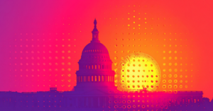 illustration of the capitol building at sunrise or sunset with glows of orange, pink and purple, with painted dots covering the illustration