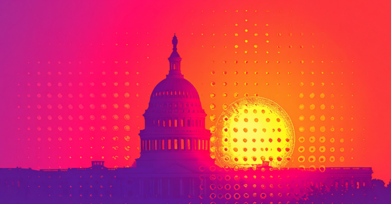 illustration of the capitol building at sunrise or sunset with glows of orange, pink and purple, with painted dots covering the illustration