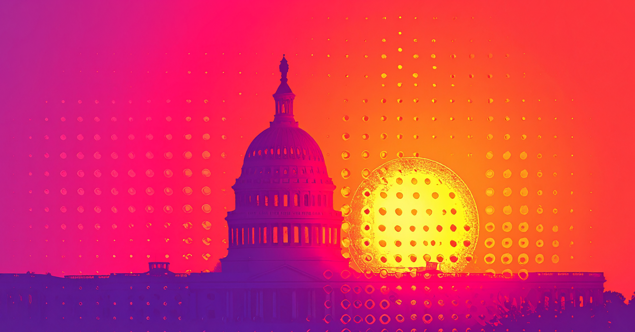 illustration of the capitol building at sunrise or sunset with glows of orange, pink and purple, with painted dots covering the illustration