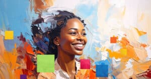 Cover of Vision-Led, Learner-Driven publication, showing a painted portrait of a Black girl and swaths of gold, red and blue paint overlaid with colored squares