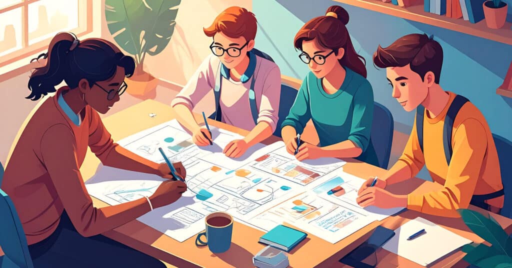 illustration of teen students working around a table.