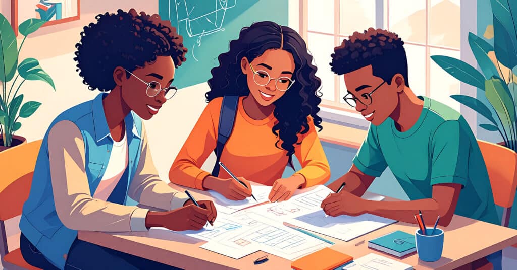 illustration of teen students working around a table.