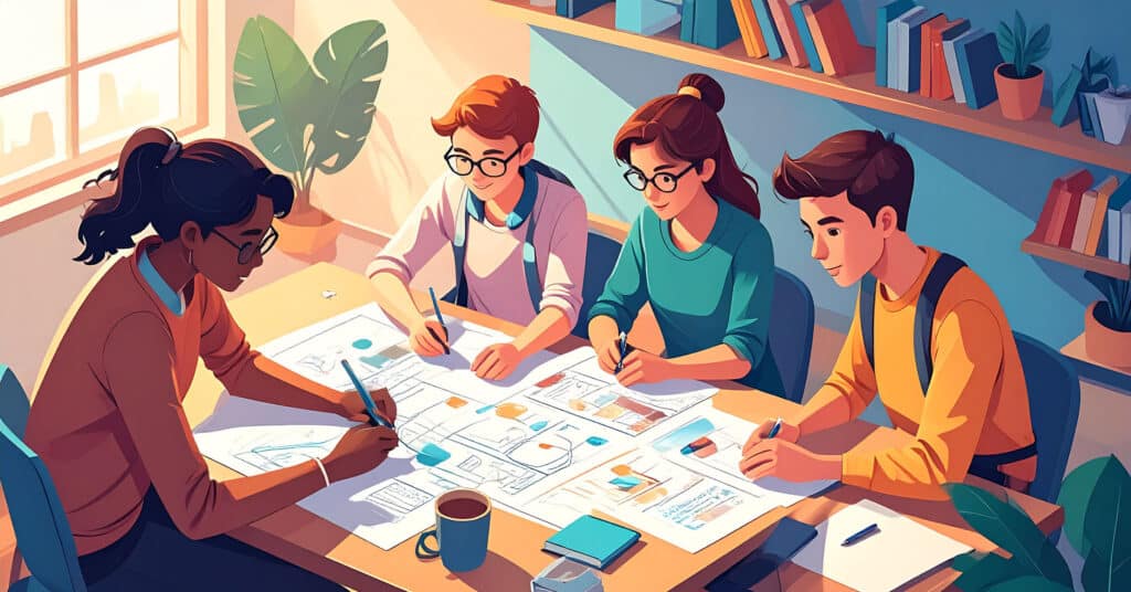 illustration of teen students working around a table.