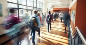 students walk through a school hallway blurred in motion