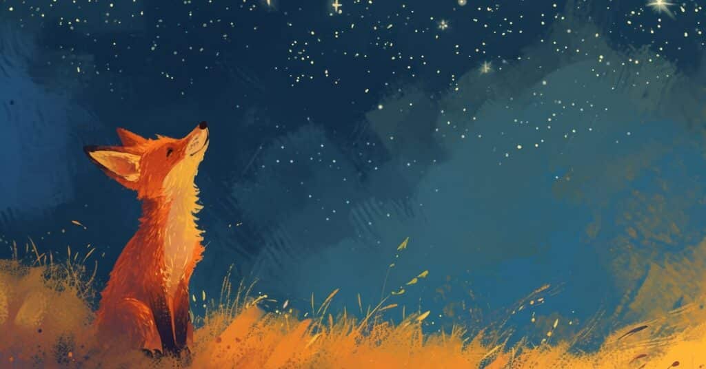 illustration of the fox from The Little Prince, looking out at the stars as he makes a wish