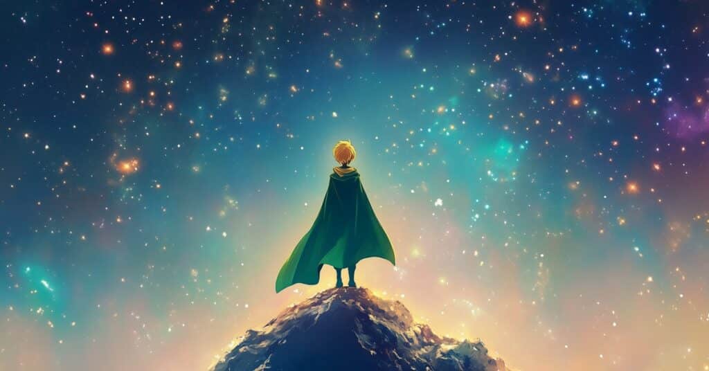 The prince from The Little Prince gazing at a starry sky from a mountain peak