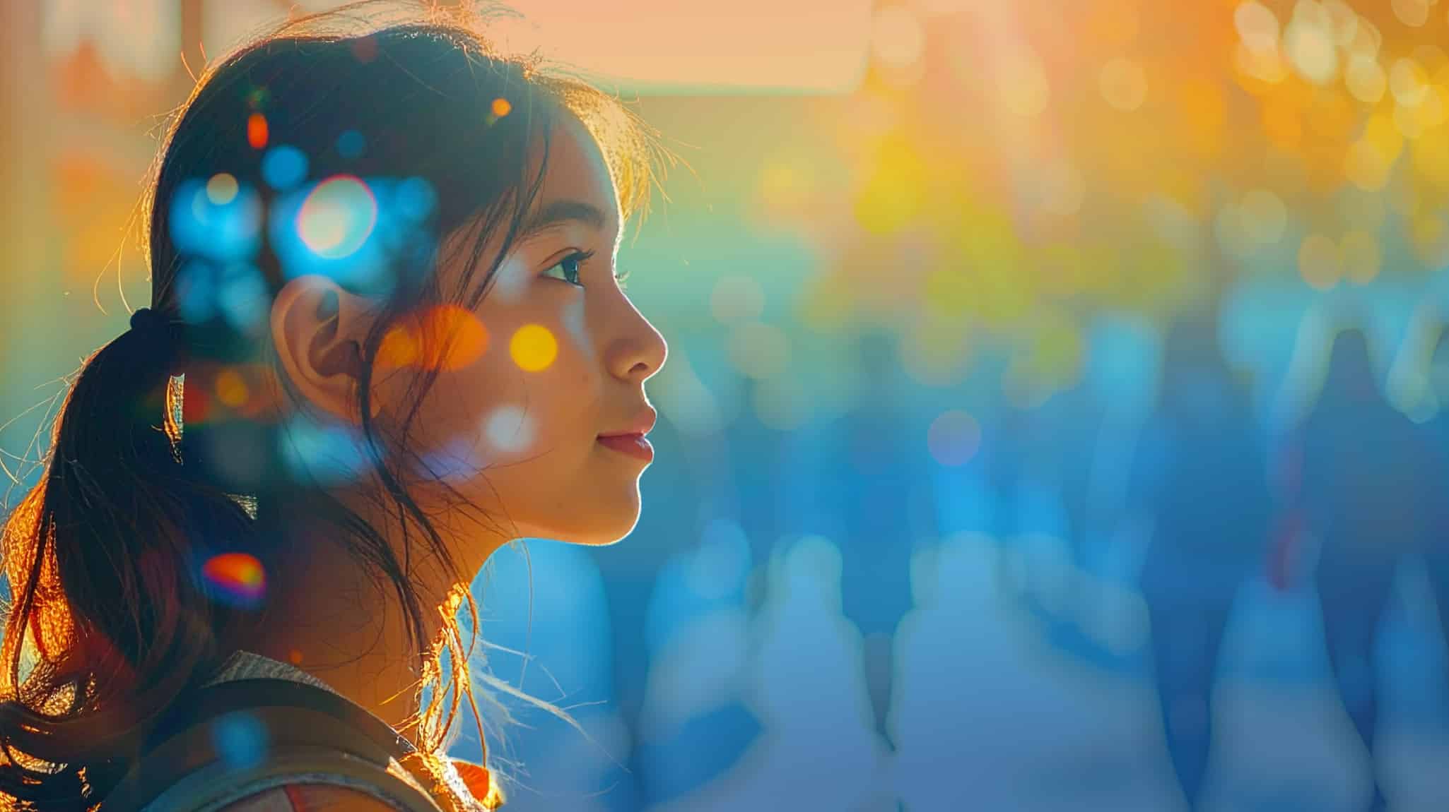 image of girl looking out over a superimposed image of people walking