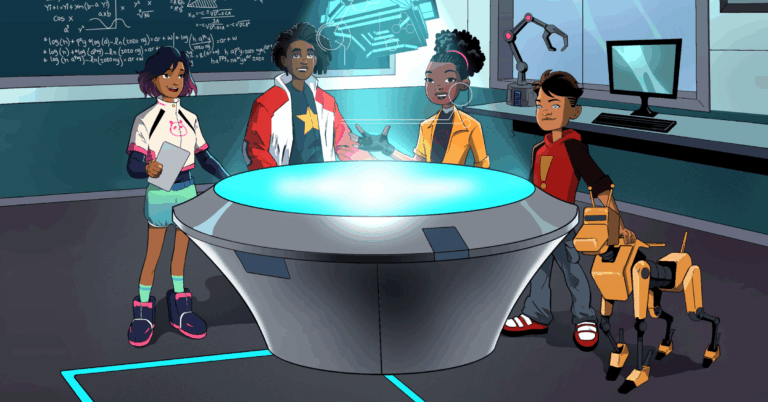 Illustration of a group of kids around a hologram table.