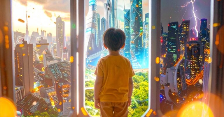 An AI-made image of a child standing before three future scenarios of three distinct urban landscapes - industrial, lush and dark