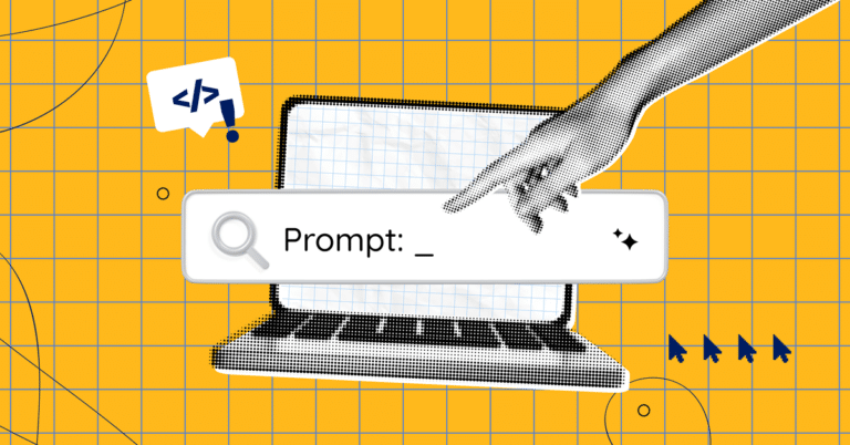 gold background with graph paper squares overlaid. An image of a laptop with a hand moving toward it has a popup of a search bar and prompt text.