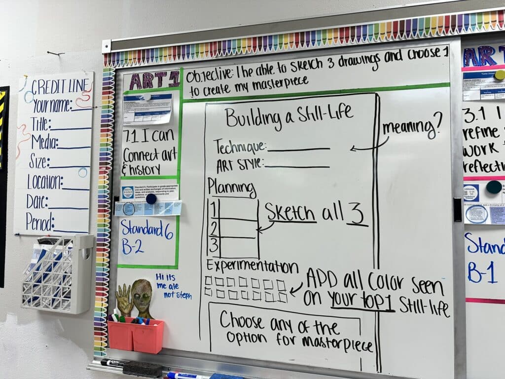 A dry erase board shows an objective for an art class, connecting to standards