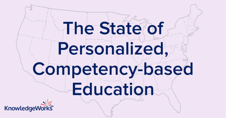 A purple map of the U.S. with text over it reading, "The State of Personalized, Competency-based Education"