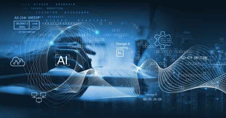 hands typing at a keyboard with waves across the screen symbols representing AI tech, artifcial intelligence, data analytics, innovative technology, internet bot, data science