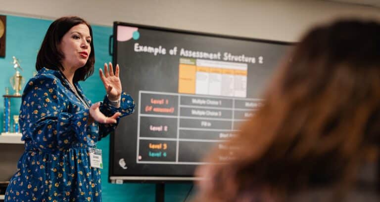 A woman in a blue floral dress and shoulder-length straight dark hair stands in front of a group of educators using a screen depicting assessment structure examples